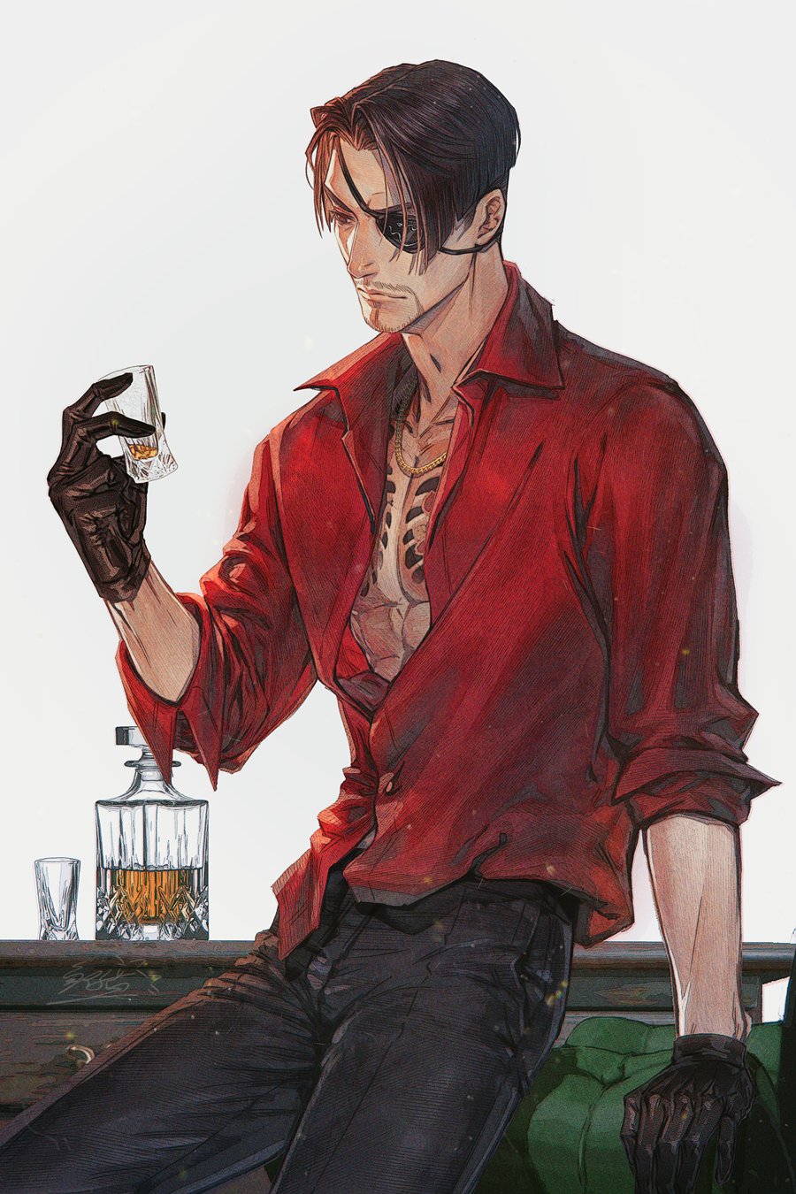 1boy, alcohol, black_gloves, black_hair, black_pants, cup, desk, drinking_glass