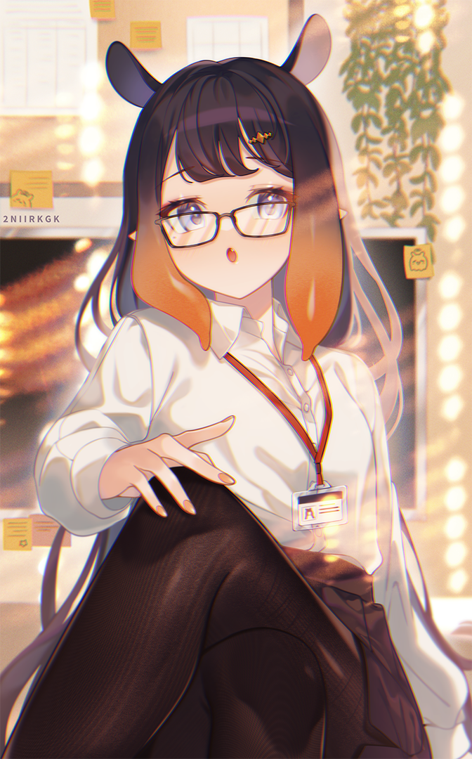 1girl, 2nii, :o, bangs, black-framed_eyewear, black_legwear, black_skirt, blue_eyes