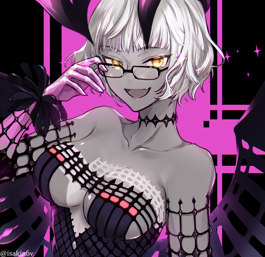 1girl, breasts, colored_skin, fang, fate/grand_order, fate_(series), glasses, grey_hair