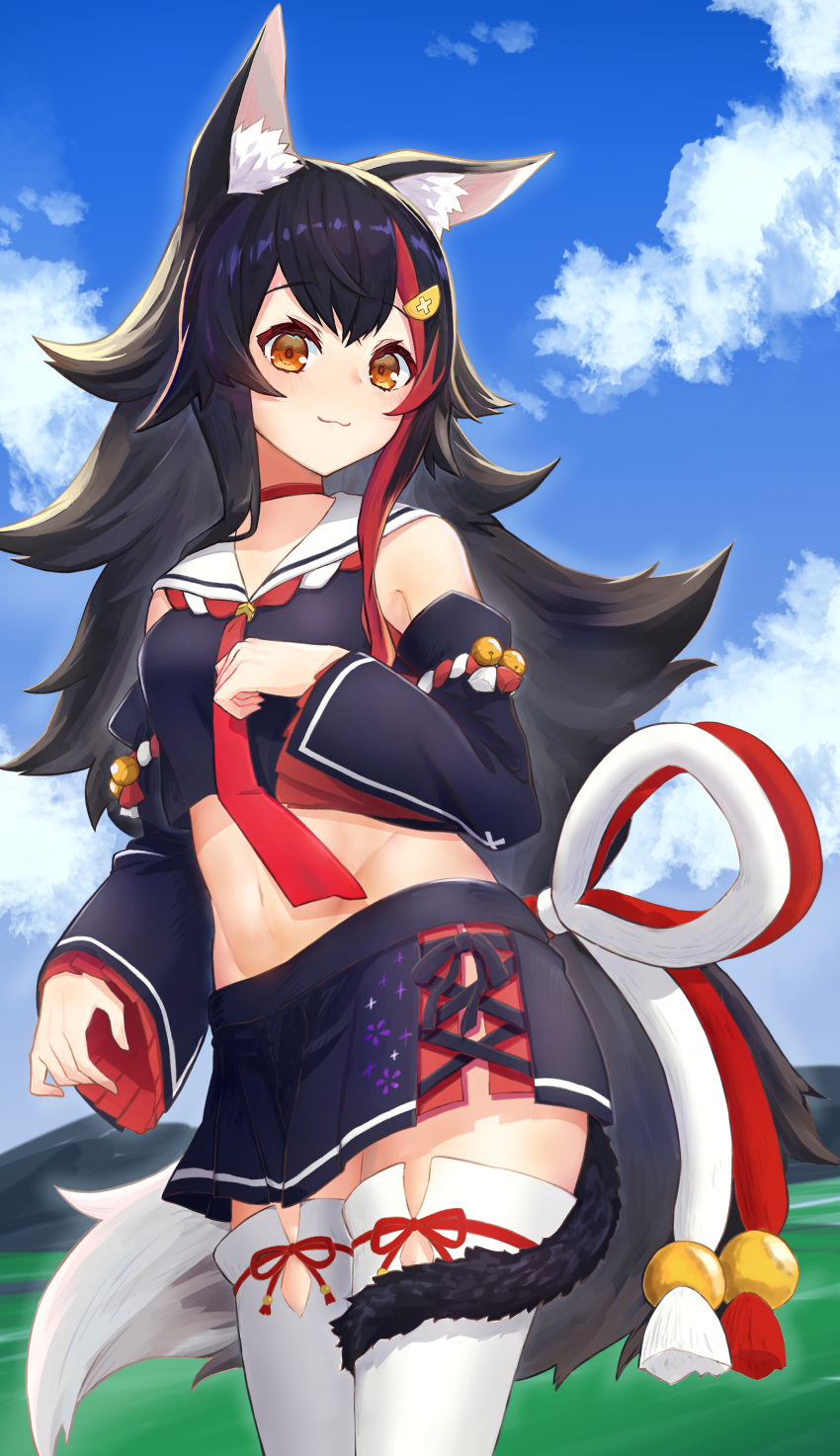 1girl, :3, absurdres, animal_ears, bangs, bare_shoulders, bell, black_hair, black_serafuku, black_shirt, black_skirt, black_sleeves, blush, breasts, choker, closed_mouth, cowboy_shot, cropped_shirt, detached_sleeves, flipped_hair, floral_print, groin, hair_between_eyes, hair_ornament, hairclip, highres, hololive, jingle_bell, kazuna_(minekazuna), kouhaku_nawa, long_hair, looking_at_viewer, low-tied_long_hair, midriff, miniskirt, multicolored_hair, navel, neckerchief, ookami_mio, pleated_skirt, red_choker, red_neckerchief, redhead, sailor_collar, sailor_shirt, school_uniform, serafuku, shirt, side_slit, sidelocks, skirt, sleeveless, small_breasts, smile, solo, stomach, streaked_hair, tail, tail_around_leg, tail_wrap, thigh-highs, very_long_hair, virtual_youtuber, white_legwear, wolf_ears, wolf_girl, wolf_tail, yellow_eyes