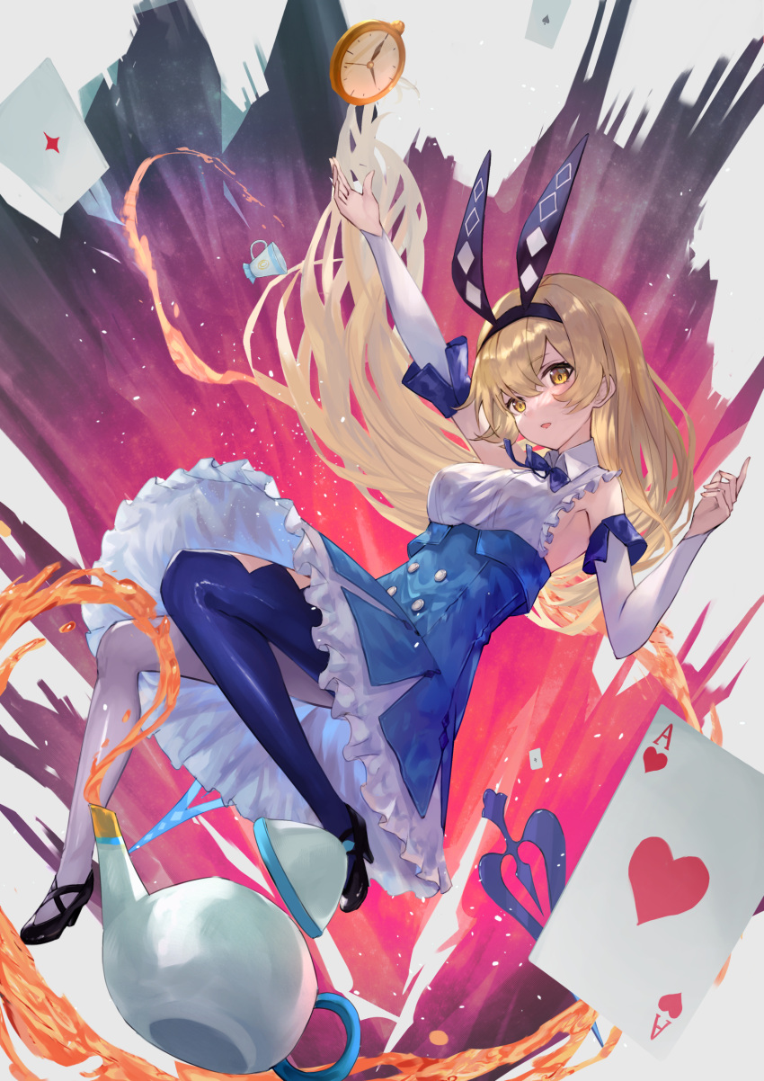 1girl, absurdres, alice_(shuumatsu_no_akasha), alice_in_wonderland, animal_ears, asymmetrical_legwear, black_hairband, blonde_hair