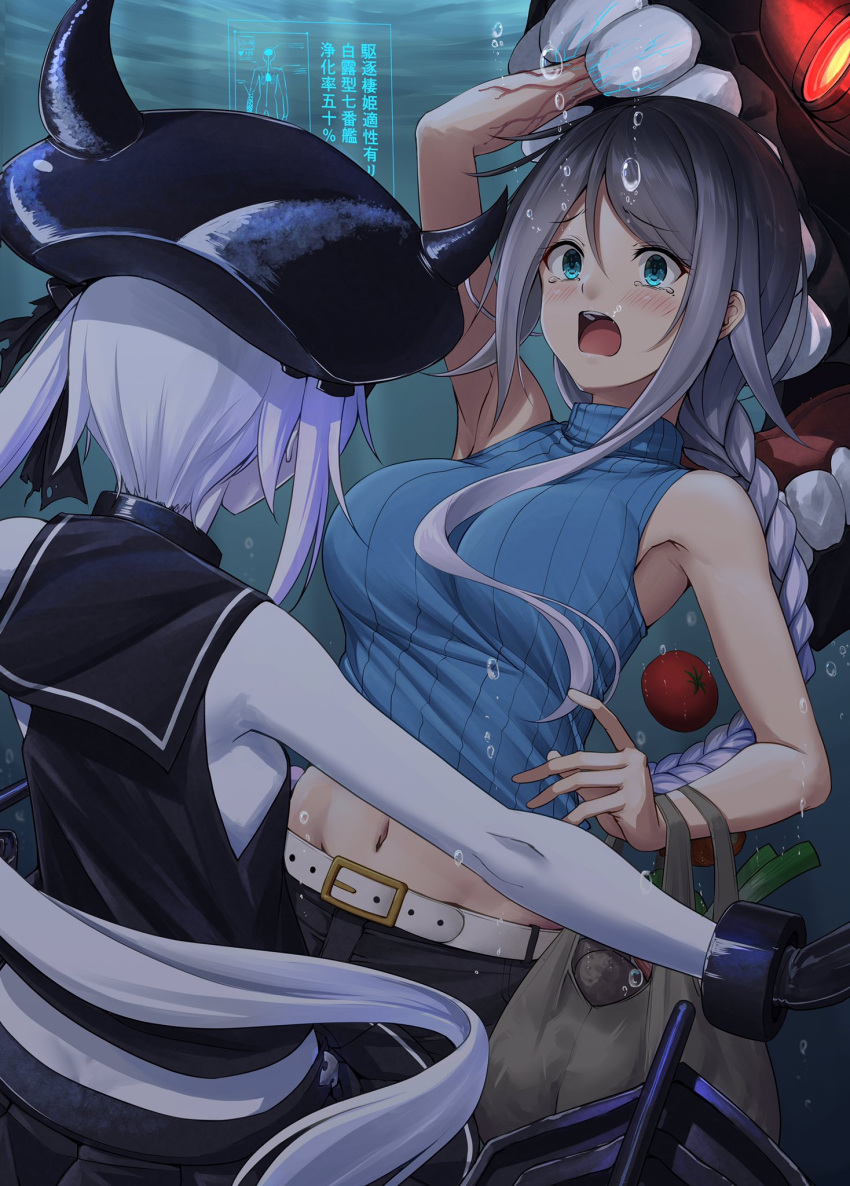2girls, abyssal_ship, belt, belt_buckle, black_skirt, blue_eyes, blue_sweater, blush