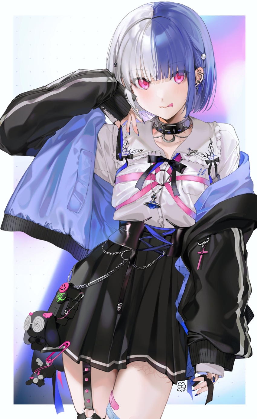 1girl, absurdres, bandaid, biohazard_symbol, black_collar, black_jacket, black_nails, black_ribbon