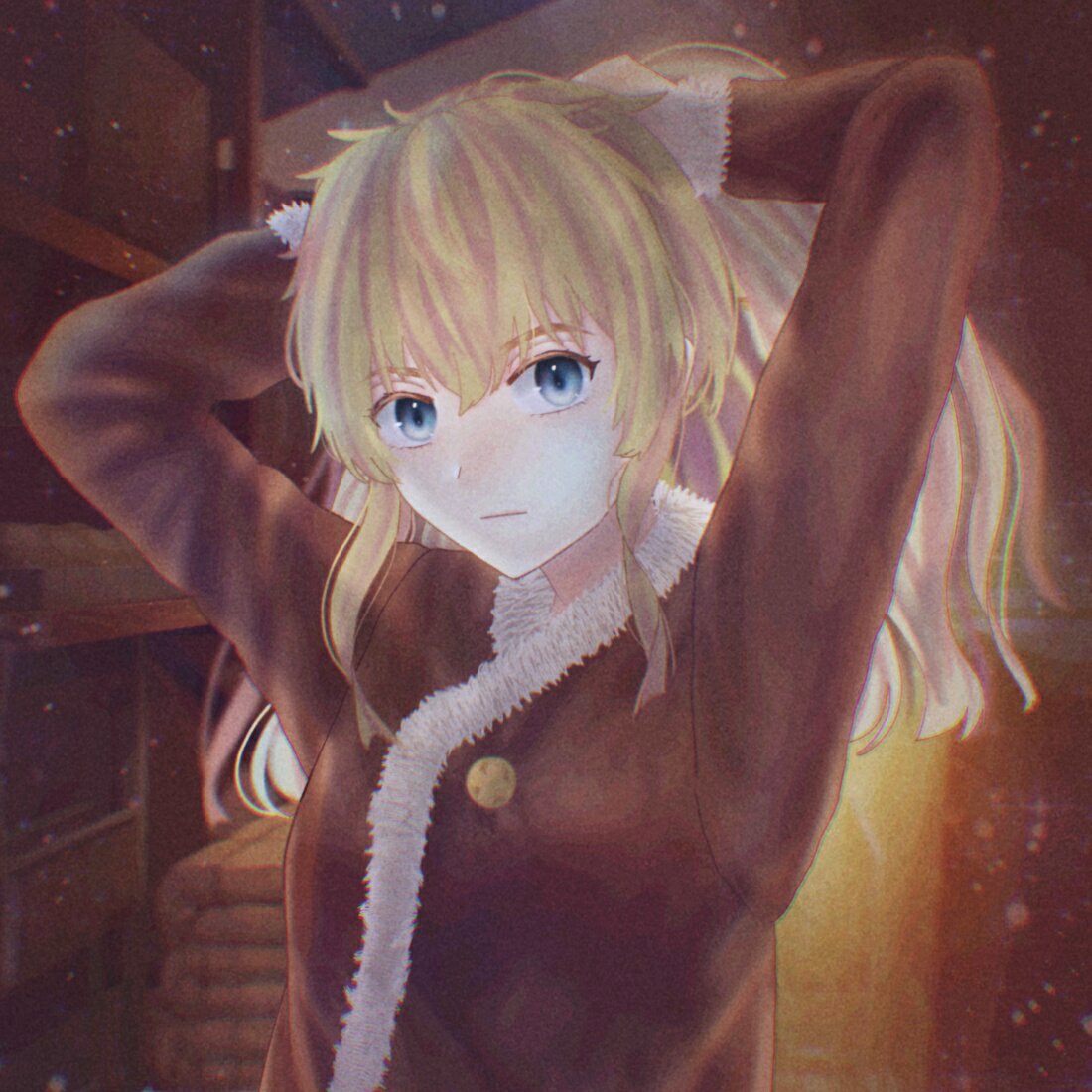 1girl, anonymousweeab, blonde_hair, blue_eyes, buttons, fur_trim, hair_between_eyes, long_hair