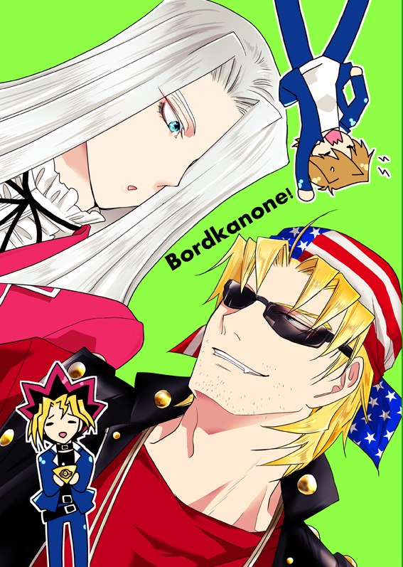 4boys, american_flag, american_flag_print, bandana, bangs, black_hair, black_neck_ribbon, black_shirt