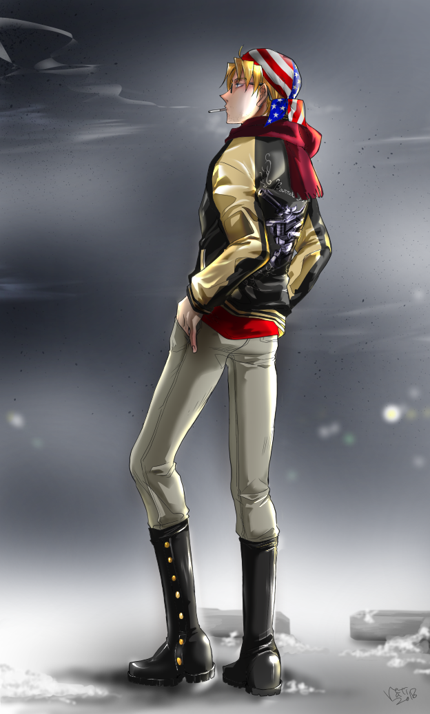1boy, american_flag, american_flag_print, bandana, bangs, barrel_dragon, black_footwear, black_jacket