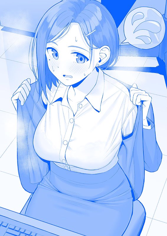 1girl, blue_theme, breasts, getsuyoubi_no_tawawa, gyouza_pudding, himura_kiseki_(style), kouhai-chan_(tawawa), large_breasts, long_hair, monochrome, office_lady, open_mouth, sweat, tawawa_group