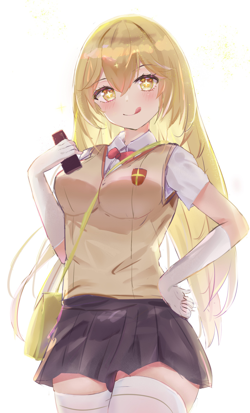 +_+, 1girl, absurdres, bag, bangs, between_breasts, black_skirt, blonde_hair