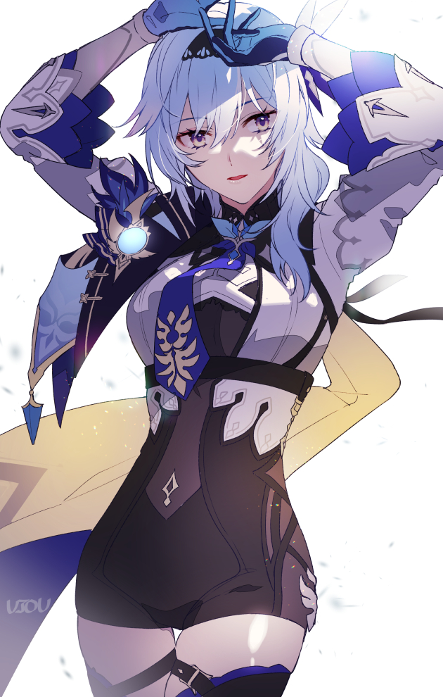 1girl, bangs, blue_necktie, breasts, cape, eula_(genshin_impact), genshin_impact, gloves