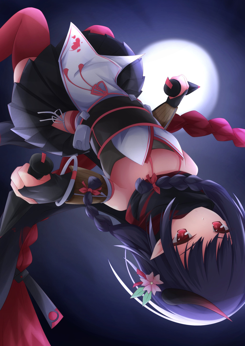 1girl, absurdres, azur_lane, bare_shoulders, black_hair, braid, commentary_request, flower