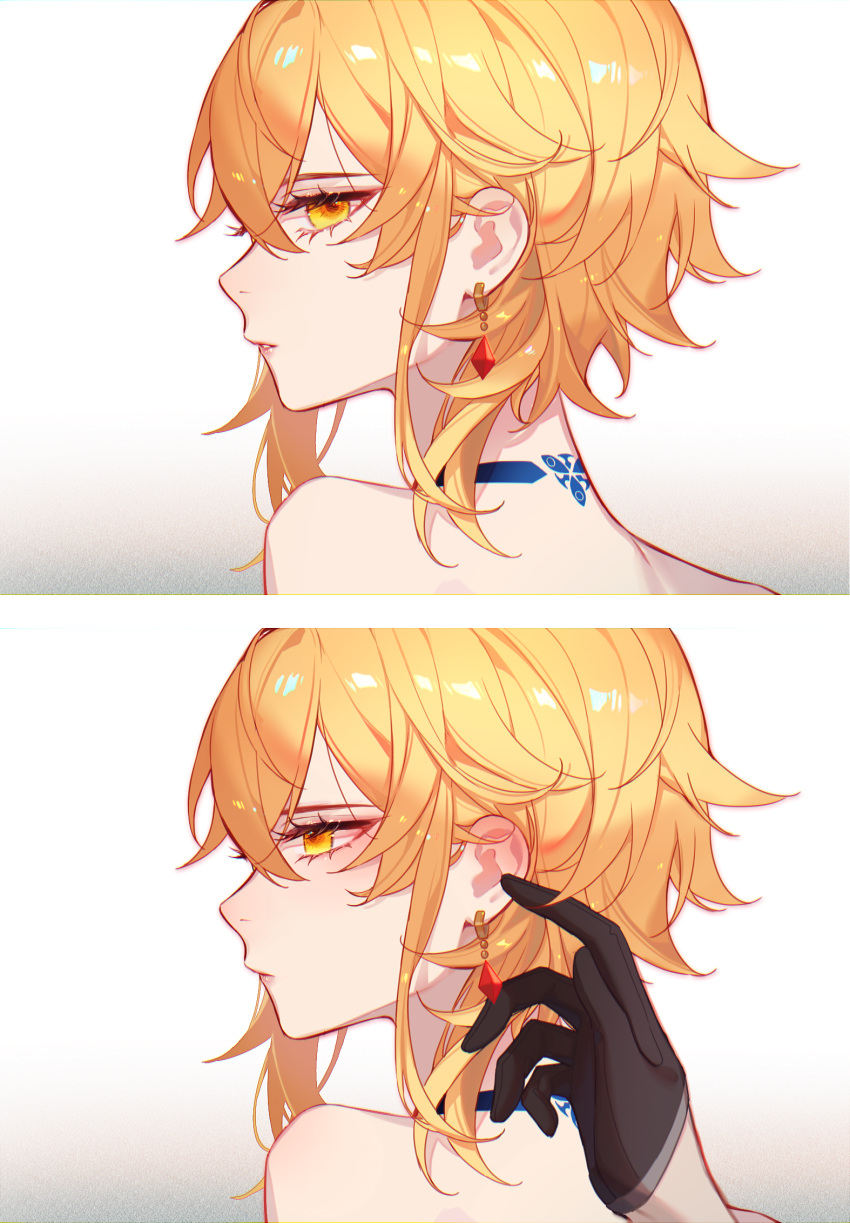 1girl, bangs, bare_shoulders, black_gloves, blonde_hair, blush, closed_mouth, commentary