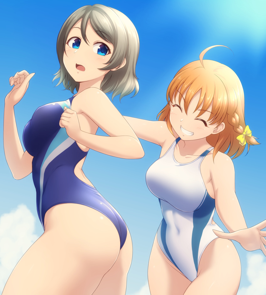 2girls, ahoge, black_swimsuit, blue_eyes, blue_sky, braid, breasts, clouds