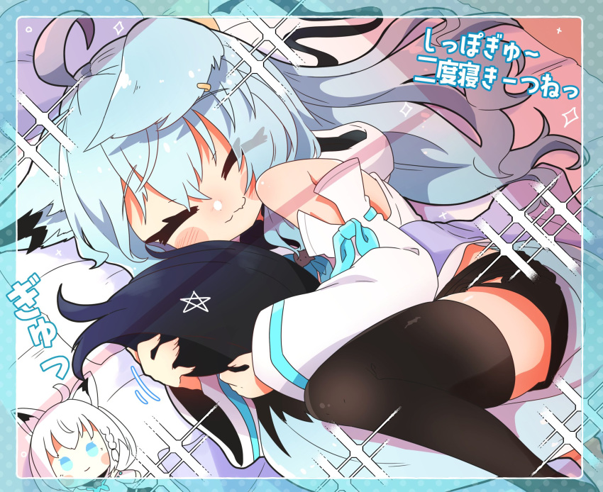 1girl, :3, ahoge, animal_ears, bangs, bare_shoulders, between_legs, black_legwear, black_shorts, blush, border, closed_eyes, commentary_request, detached_sleeves, doll, earrings, eyebrows_visible_through_hair, fang, fox_ears, fox_girl, fox_tail, futon, hair_between_eyes, hair_down, highres, hololive, hood, hoodie, jewelry, long_hair, lying, on_side, pentagram, sakuramochi_(sakura_frappe), shirakami_fubuki, short_shorts, shorts, sidelocks, single_thighhigh, skin_fang, sleeping, solo, sparkle, tail, tail_between_legs, tail_hug, thigh-highs, translation_request, virtual_youtuber, white_hair, white_hoodie