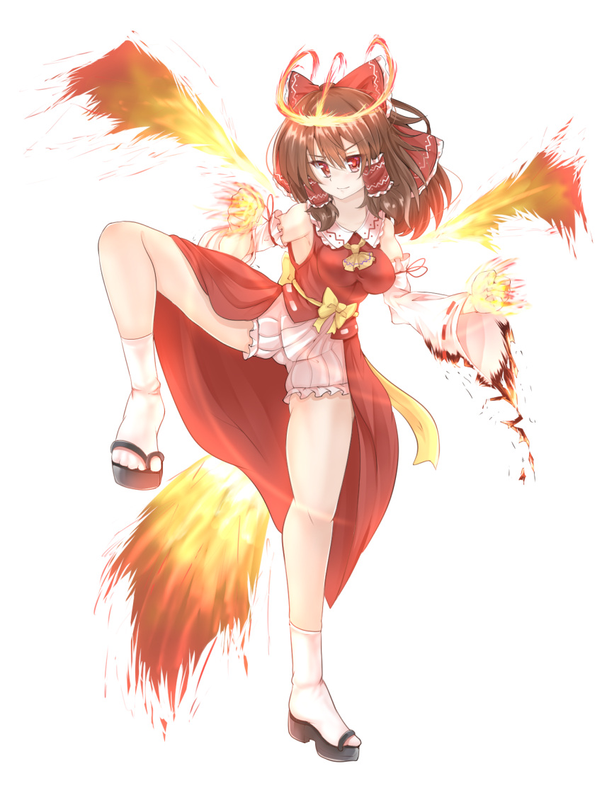 1girl, ascot, bangs, bloomers, bow, breasts, brown_hair, clenched_hand