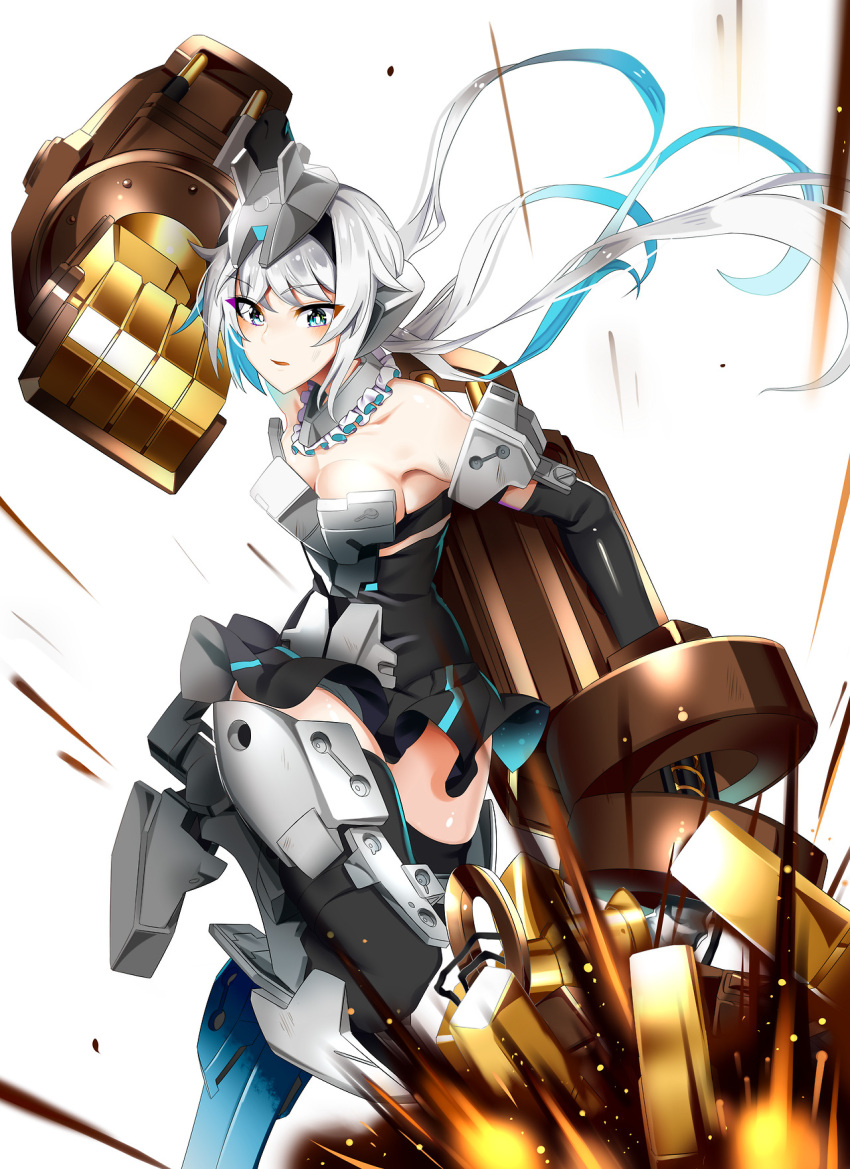 1girl, architect_(frame_arms_girl), bare_shoulders, black_gloves, black_legwear, black_leotard, black_skirt, blue_eyes