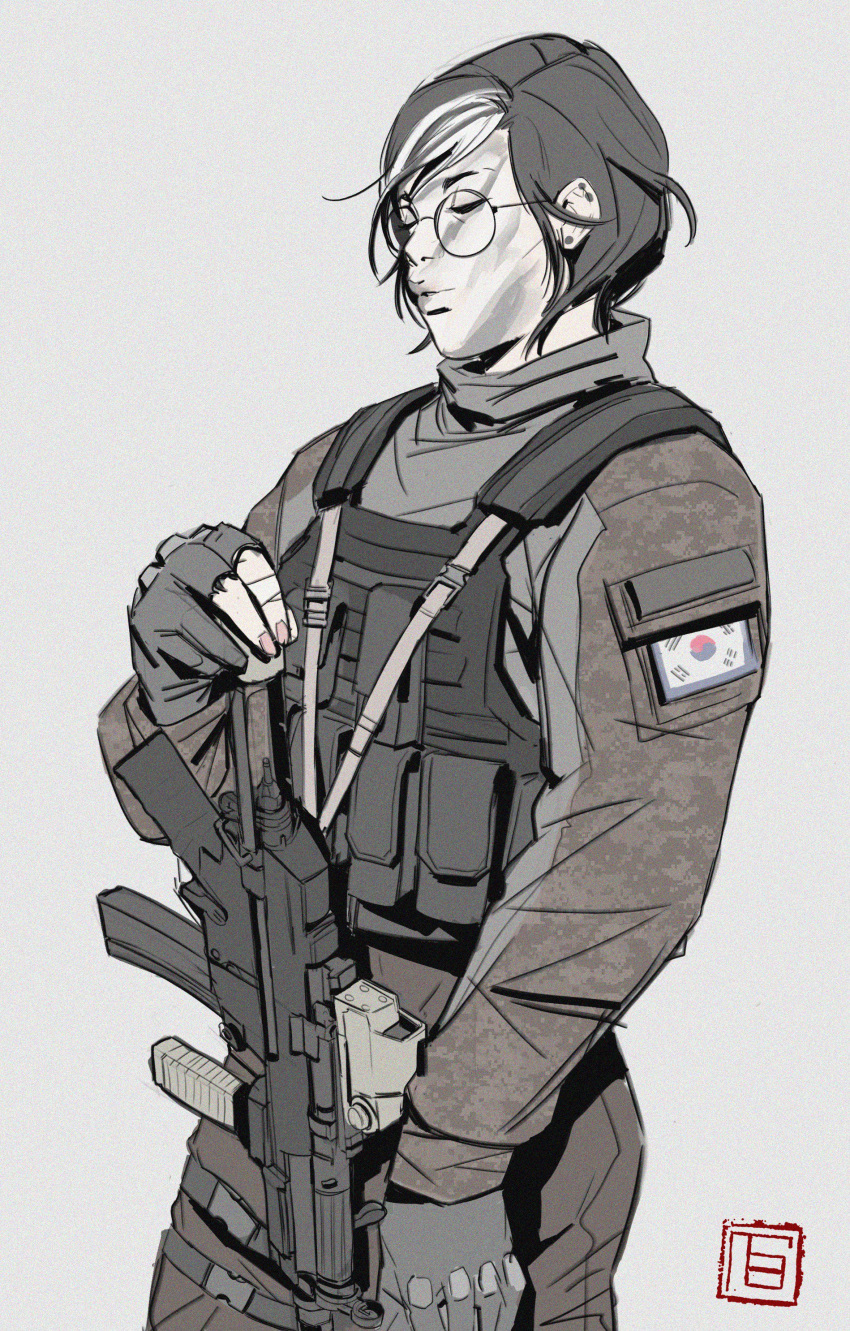 1girl, absurdres, ammunition_pouch, black_eyes, black_gloves, black_hair, camouflage, camouflage_pants