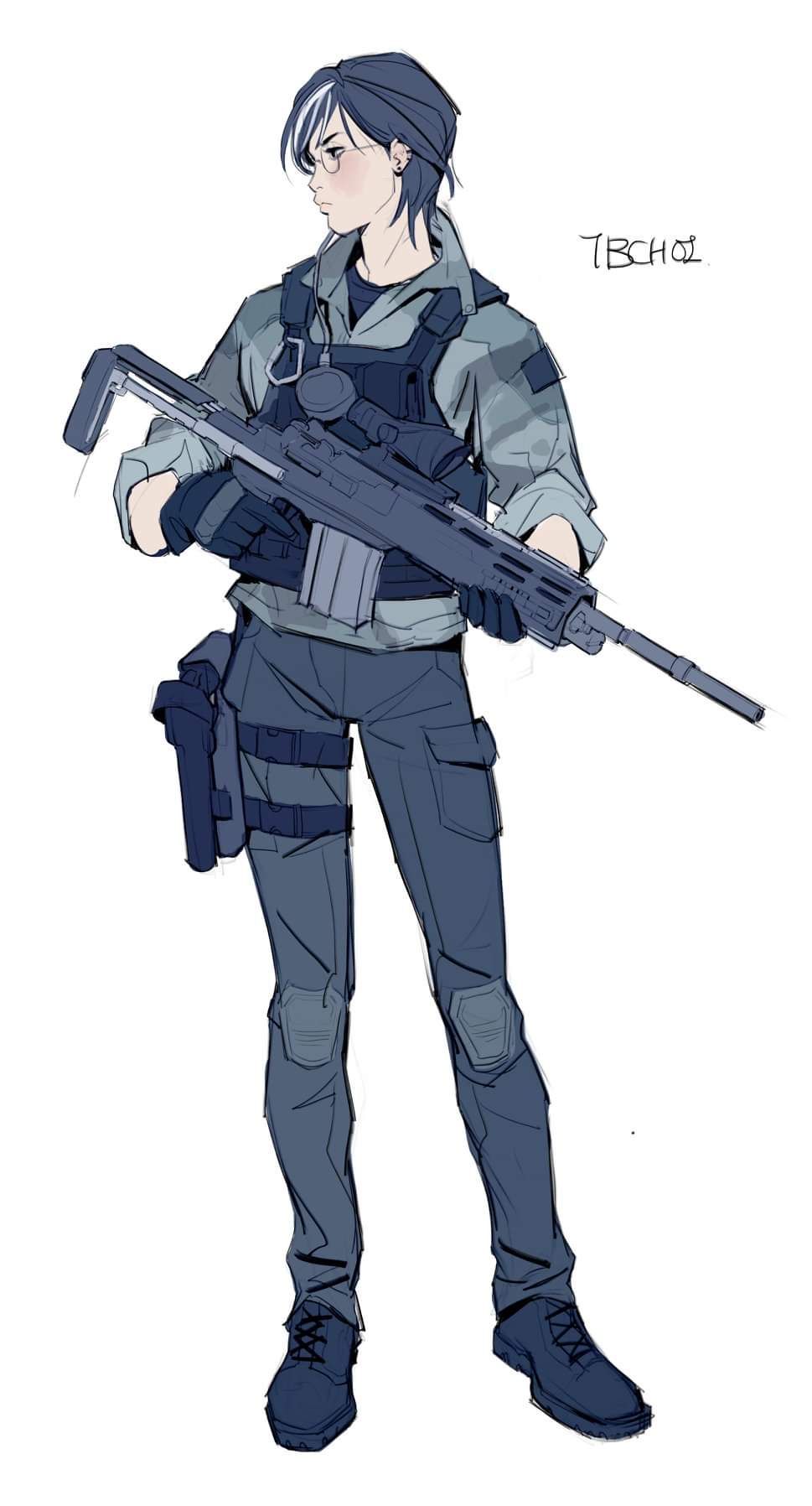 1girl, artist_name, battle_rifle, beanie, black_footwear, black_gloves, black_hair, black_headwear, black_pants, camouflage, camouflage_jacket, closed_mouth, dokkaebi_(rainbow_six_siege), earrings, full_body, glasses, gloves, gun, hat, highres, holding, holding_gun, holding_weapon, holster, jacket, jewelry, m14, mk_14_ebr, pants, police, police_uniform, policewoman, rainbow_six_siege, rifle, shoes, short_hair, simple_background, sleeves_rolled_up, solo, tb_choi12, uniform, vest, weapon, white_background
