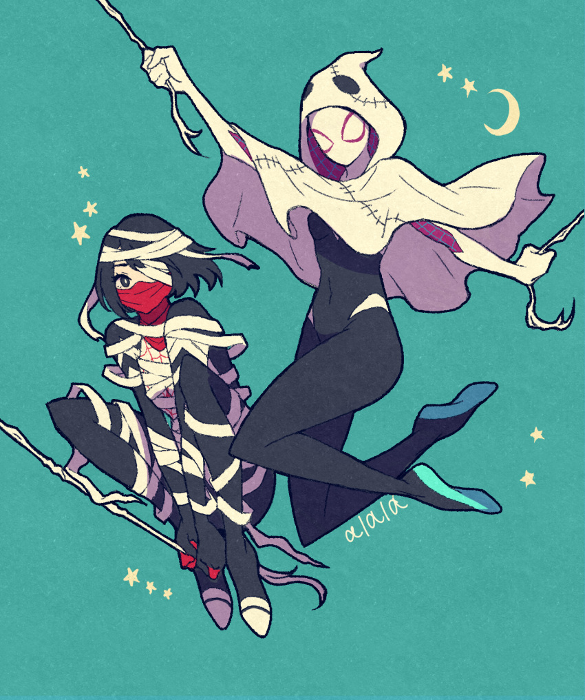 2girls, bandages, bangs, black_eyes, black_hair, bodysuit, breasts, cloak