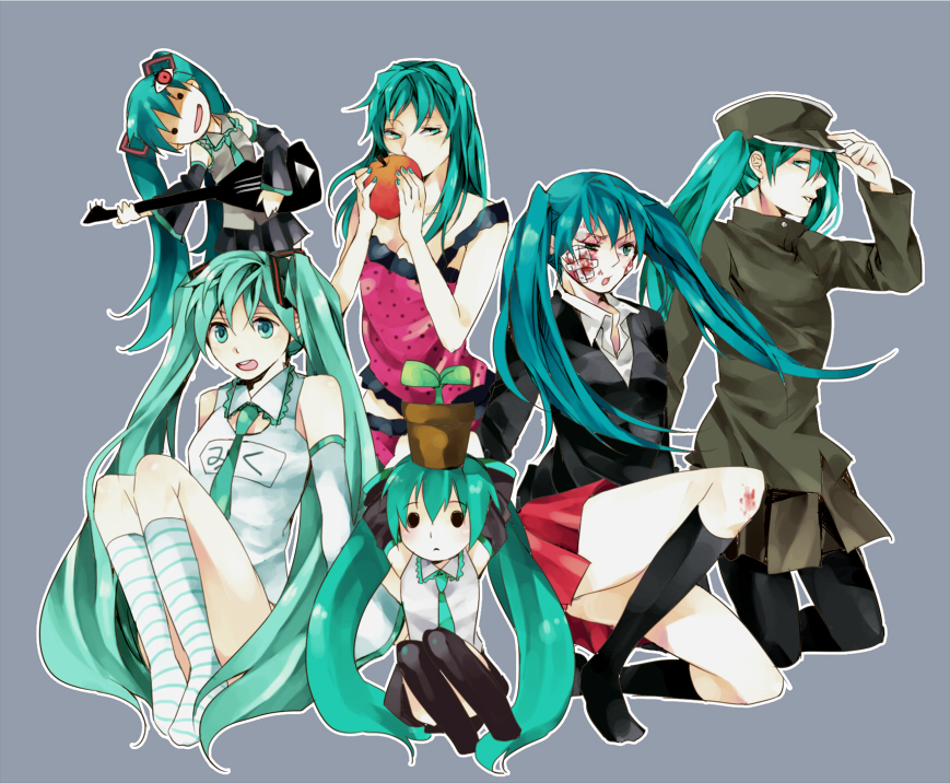 apple, aqua_eyes, aqua_hair, az_(pixiv993401), bandaid, blood, camisole, food