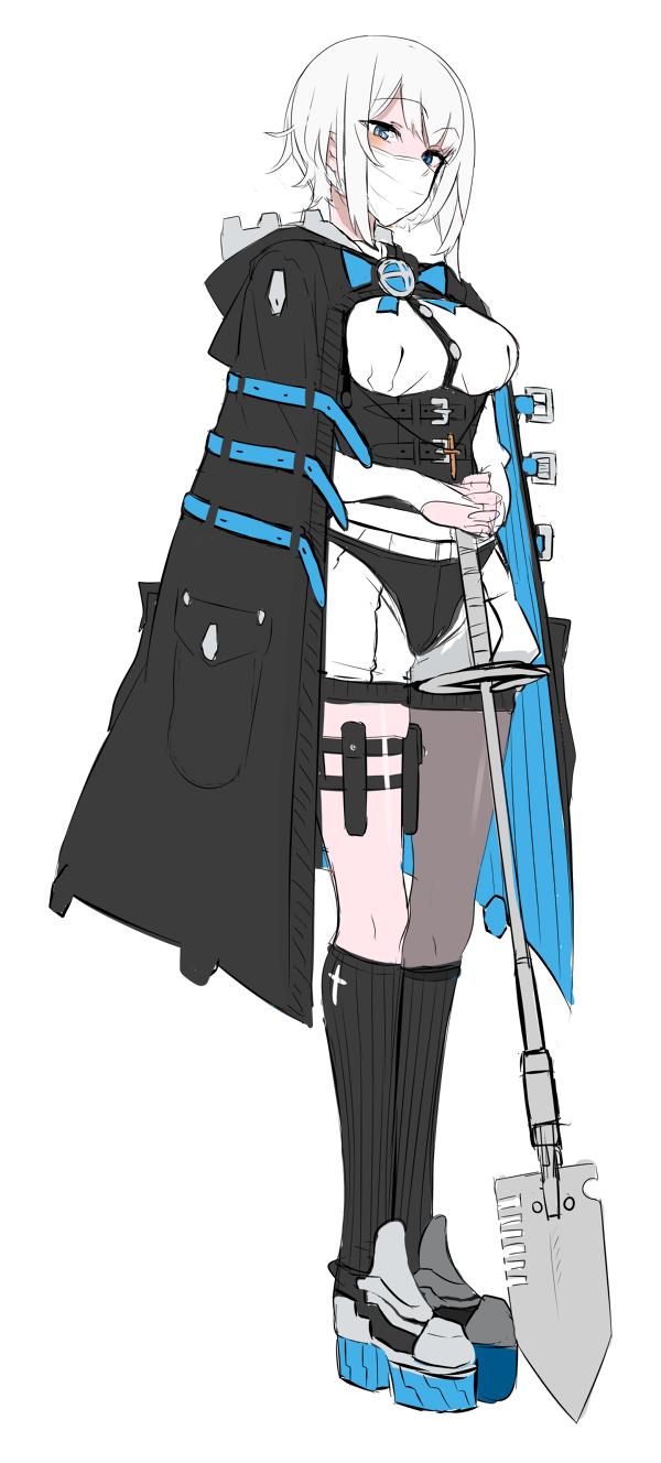 1girl, black_cape, black_legwear, blue_bow, blue_bowtie, blue_eyes, bow, bowtie