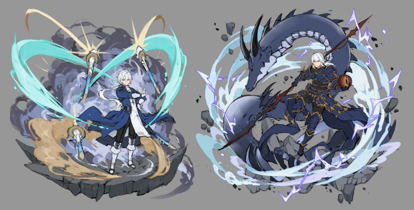 2boys, absurdres, alphinaud_leveilleur, aura, boots, dragon, dragoon_(final_fantasy), estinien_wyrmblood