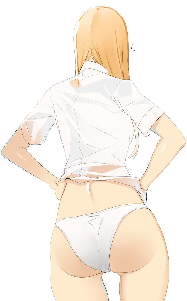 1girl, ass, blonde_hair, commentary_request, cowboy_shot, doko_tetora, facing_away, from_behind, hands_on_hips, long_hair, original, panties, shirt, simple_background, solo, standing, underwear, white_background, white_panties, white_shirt