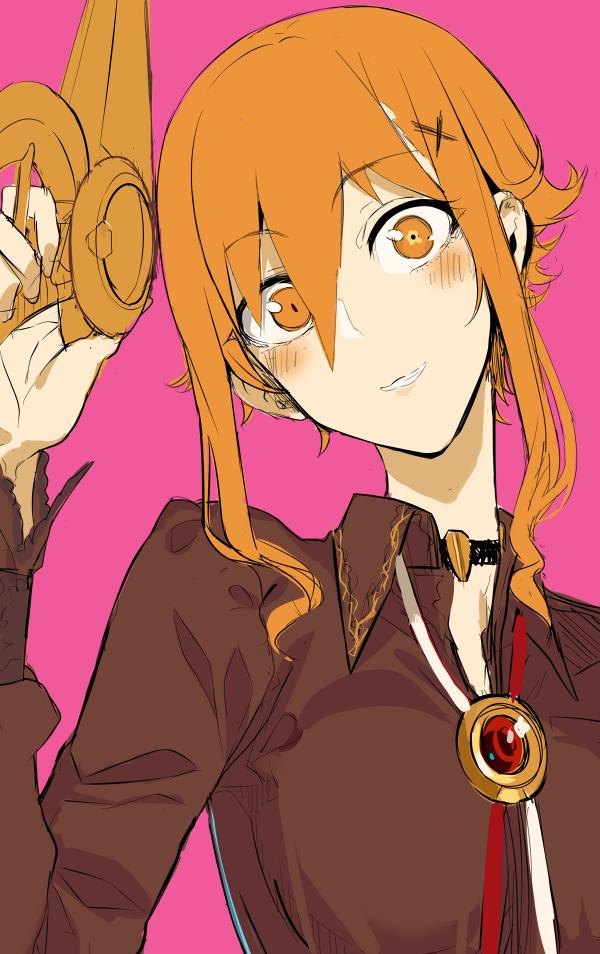 1girl, black_choker, blush, brooch, brown_shirt, chisa_(doko_tetora), choker, collared_shirt
