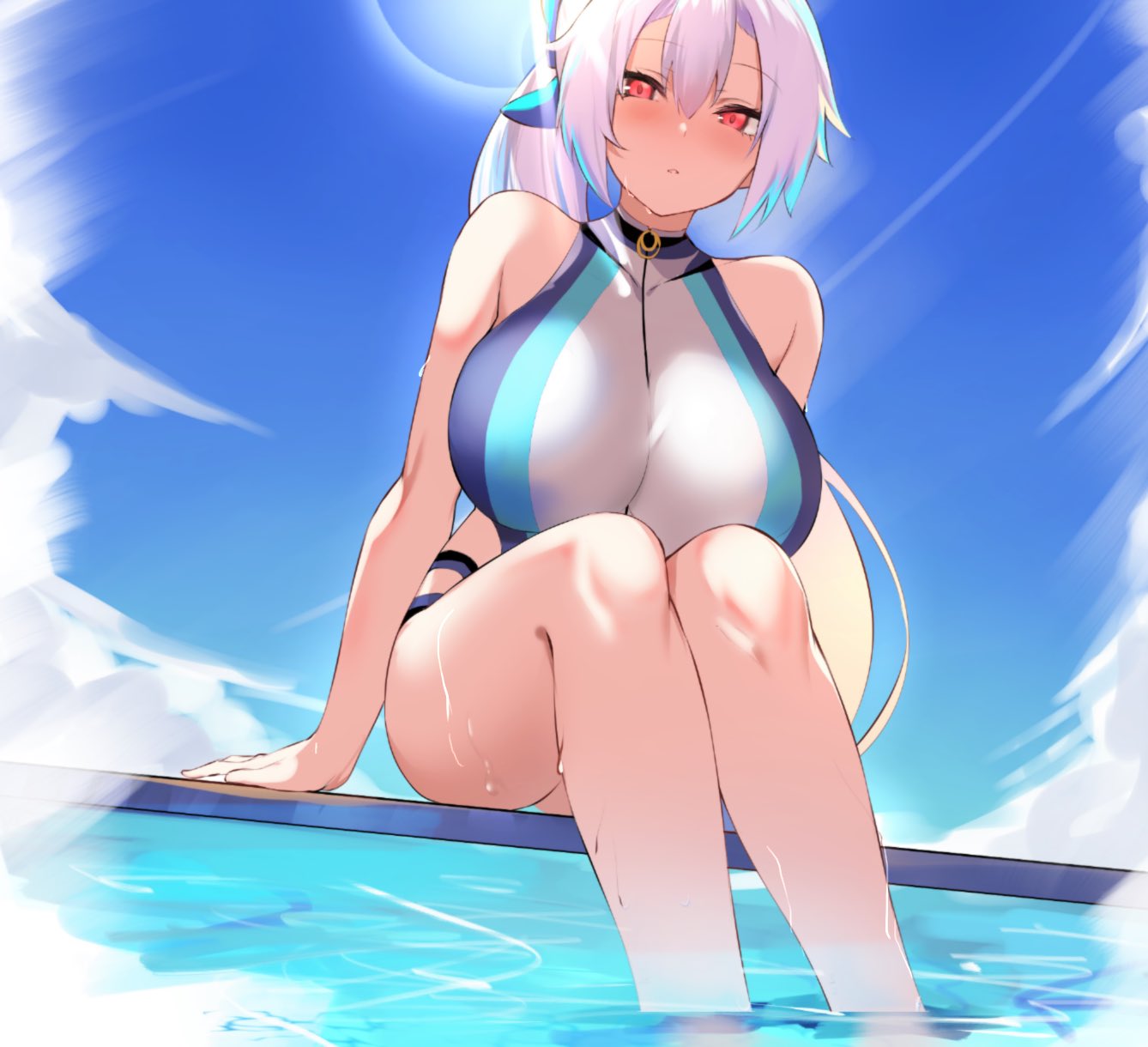1girl, bangs, blue_bow, blue_sky, blue_swimsuit, bow, breasts, commentary