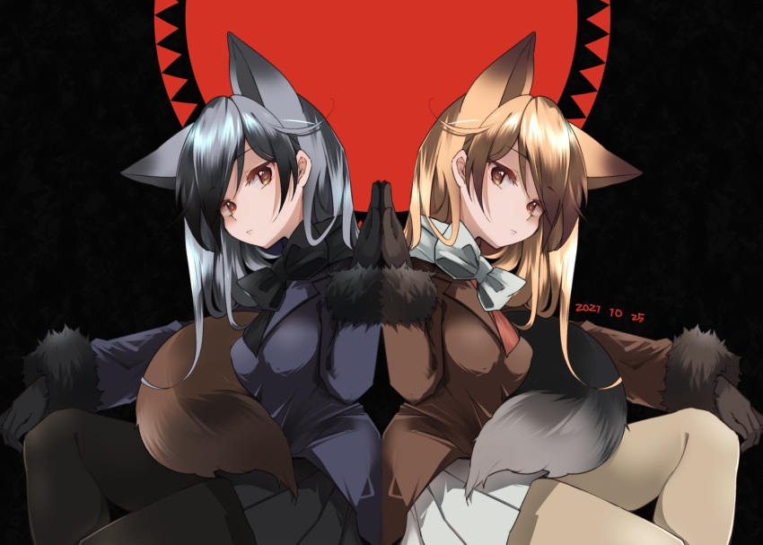 2girls, animal_ears, bangs, beige_legwear, black_bow, black_gloves, black_hair, black_legwear