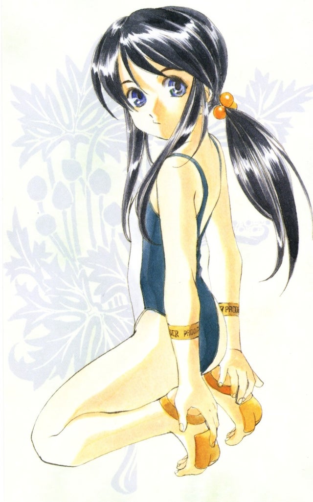 1girl, aa_megami-sama, barefoot, black_hair, blue_eyes, footwear, hair_ornament, kneeling, long_hair, looking_at_viewer, mouth, ponytail, robot, sigel, swimsuit