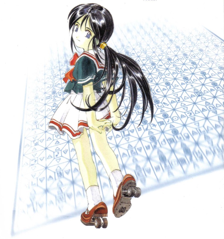 1girl, aa_megami-sama, black_hair, blue_eyes, dark_blue_top, dress, loli, long_hair, looking_at_viewer, looking_back, ponytail, ribbon, robot, robot_joints, roller_skates, sailor_dress, sailor_uniform, sigel, smiling, smiling_at_viewer, top, white_skirt