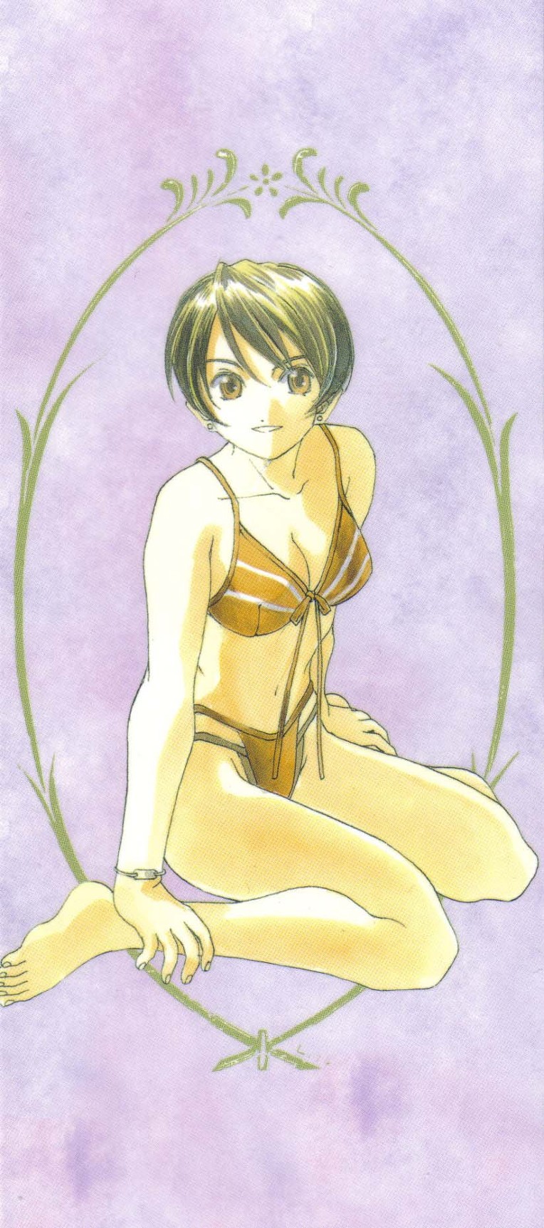 1girl, aa_megami-sama, brown_eyes, chihiro_(aa, megami-sama), short_hair, sitting, smiley_face
