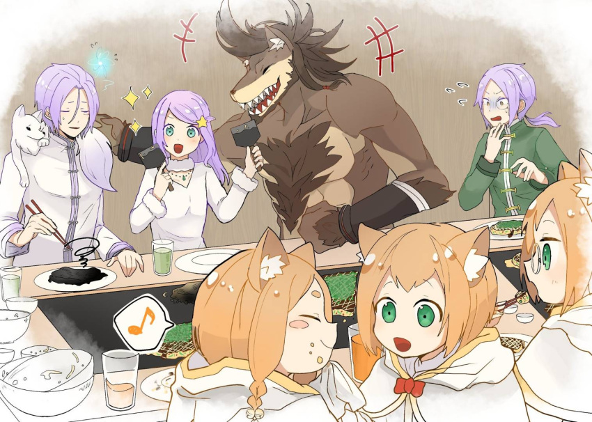 anastasia_hoshin, animal_ears, burnt_food, cat_ears, cup, eating, food, fox