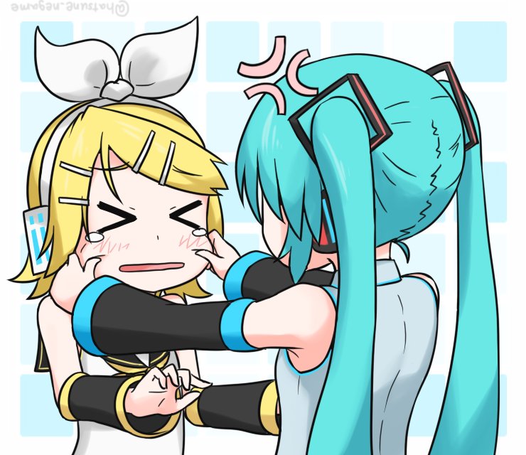 >_<, 2girls, anger_vein, aqua_hair, arm_warmers, bangs, bare_shoulders, black_collar