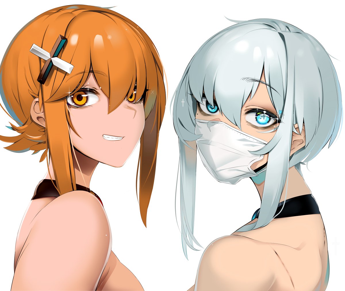 +_+, 2girls, black_choker, blue_eyes, chisa_(doko_tetora), choker, doko_tetora, from_behind