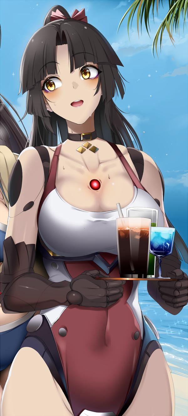 2girls, :d, android, bangs, beach, black_choker, black_hair, blue_background, blue_sky, blush, bow, breasts, character_request, choker, covered_navel, day, doko_tetora, fate/grand_order, fate_(series), glass, hair_bow, highres, holding, joints, katou_danzou_(fate), large_breasts, long_hair, mechanical_arms, multiple_girls, one-piece_swimsuit, out_of_frame, parted_bangs, ponytail, red_bow, red_swimsuit, robot_joints, sky, smile, solo_focus, standing, swimsuit, yellow_eyes