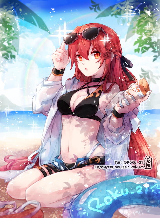 1girl, artist_name, bangs, beach, bikini, black_bikini, black_choker, blue_shorts, bracelet, braid, breasts, choker, commentary, deviantart_username, elesis_sieghart, english_commentary, eyewear_on_head, facebook_username, grand_chase, hair_ribbon, innertube, jacket, jewelry, kneeling, large_breasts, long_hair, lotion, lotion_bottle, open_mouth, plant, rainbow, red_eyes, redhead, ribbon, roku21, sandals, sandals_removed, shorts, sidelocks, solo, sparkle, summer, sunglasses, sunscreen, swimsuit, swimsuit_under_clothes, thigh_strap, toyhouse_username, tree, twitter_username, water, white_jacket