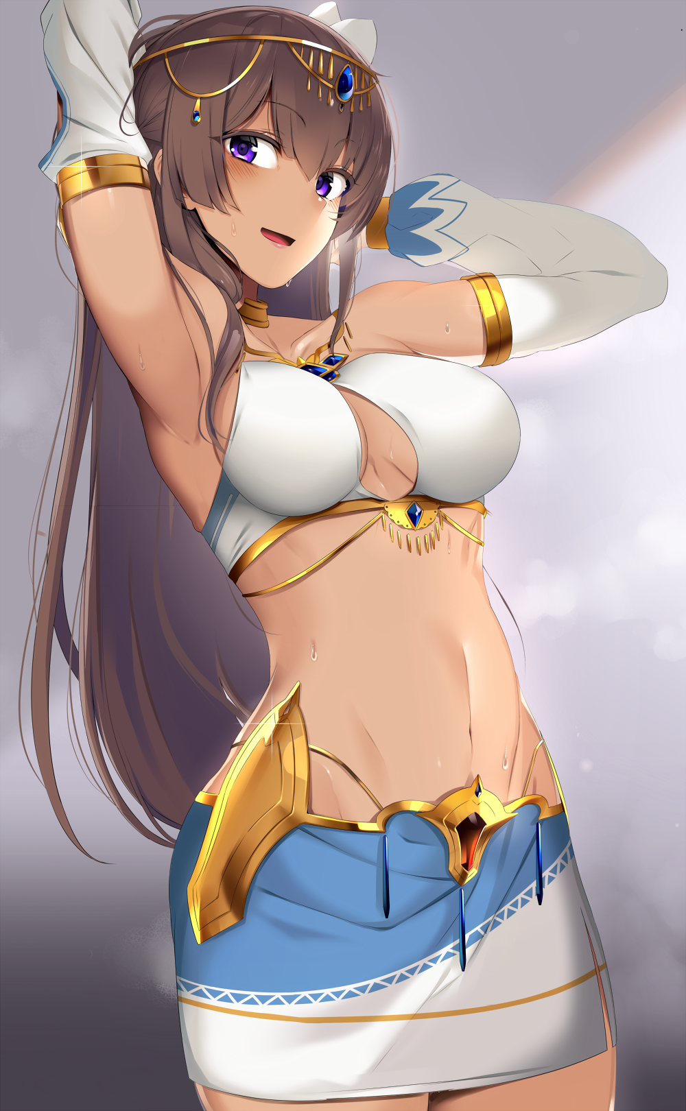 1girl, :d, alice_gear_aegis, armpits, arms_behind_head, breasts, brown_hair, cowboy_shot