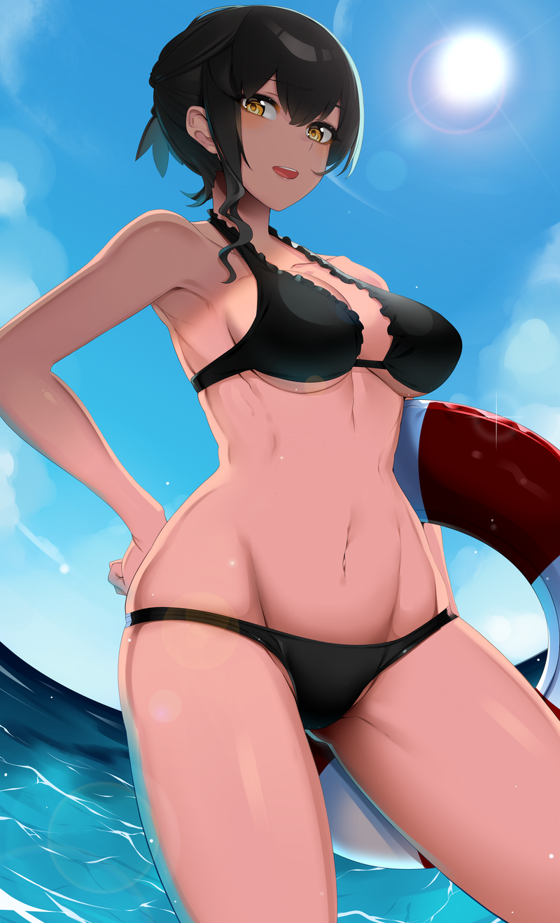 1girl, :d, armpits, bikini, black_bikini, black_hair, breasts, commission