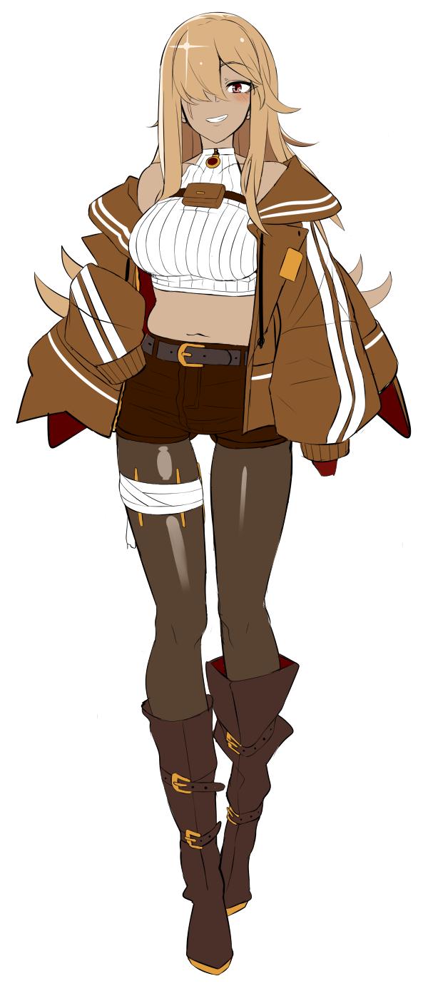 1girl, belt, blonde_hair, boots, breasts, brown_footwear, brown_jacket, brown_legwear