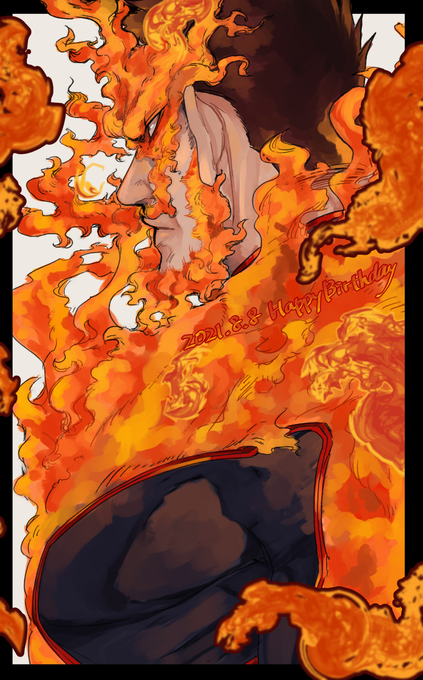 1boy, absurdres, blue_bodysuit, bodysuit, boku_no_hero_academia, commentary_request, endeavor_(boku_no_hero_academia), fiery_hair