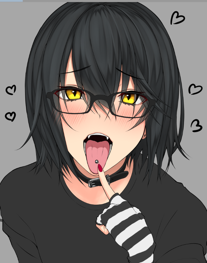 1boy, black_hair, blush, collar, commentary_request, eyebrows_visible_through_hair, fangs, glasses