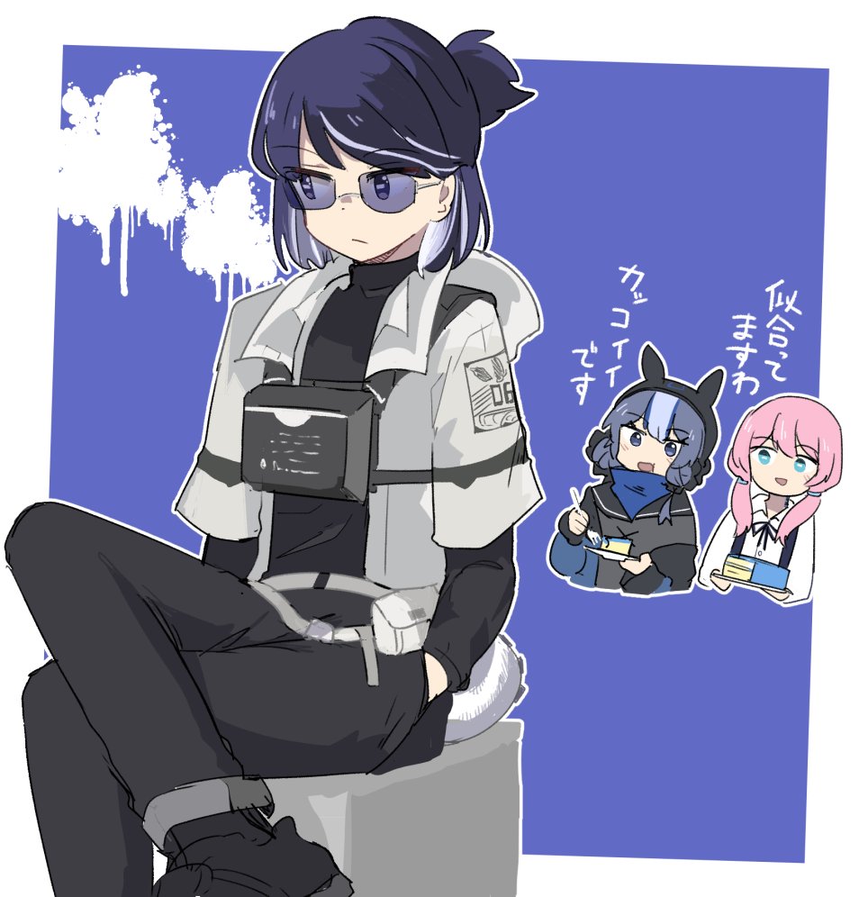 3girls, :t, andreana_(arknights), arknights, ascot, bangs, blue_eyes, blue_hair