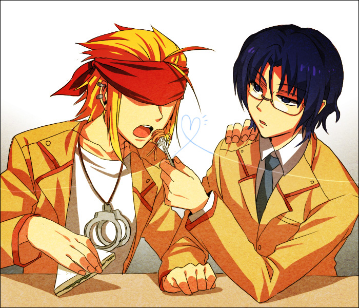 angel_beats!, cuffs, dpzkzl, eating, fork, glasses, handcuffs, multiple_boys