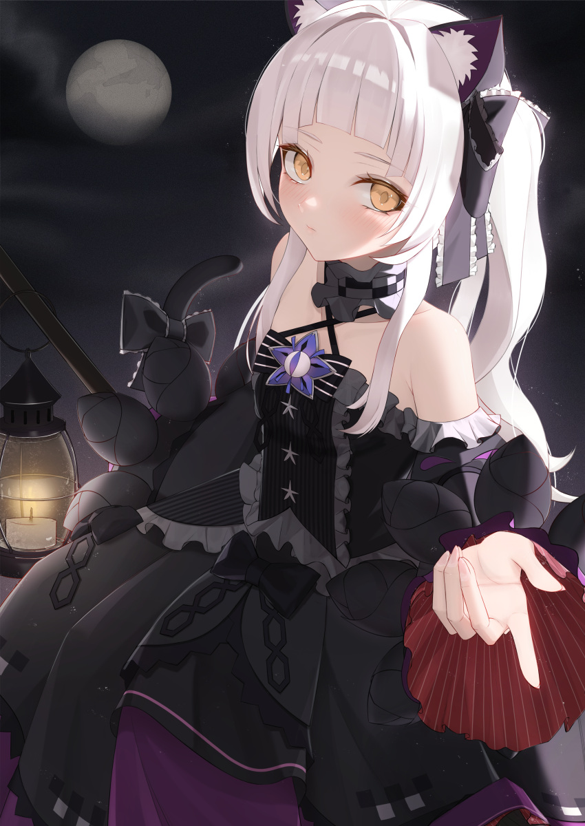 1girl, absurdres, animal_ears, bangs, bare_shoulders, black_dress, black_sleeves, blunt_bangs, blush, bow, breasts, brooch, broom, broom_riding, cat_ears, cat_girl, cat_tail, center_frills, choker, criss-cross_halter, detached_sleeves, dress, dress_bow, frilled_choker, frilled_dress, frilled_ribbon, frills, full_moon, gothic_lolita, hair_intakes, hair_ribbon, halter_dress, halterneck, highres, hololive, jewelry, juliet_sleeves, lantern, layered_dress, lolita_fashion, long_hair, long_sleeves, looking_at_viewer, moon, murasaki_shion, night, night_sky, pinstripe_dress, pinstripe_pattern, puffy_sleeves, ribbon, short_dress, sidelocks, silver_hair, sky, sleeveless, sleeveless_dress, small_breasts, solo, star_(symbol), striped, tail, tail_bow, tail_ornament, thomas_8000, twintails, virtual_youtuber, wide_sleeves, yellow_eyes