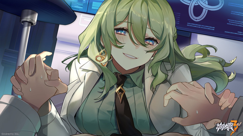 2girls, :d, artist_request, bangs, black_necktie, blush, coat, earrings, green_hair, green_shirt, grin, hair_between_eyes, highres, holding, holding_hands, honkai_(series), honkai_impact_3rd, jewelry, klein_(honkai_impact), labcoat, laboratory, long_hair, long_sleeves, looking_at_viewer, mobius_(honkai_impact), multiple_girls, necktie, official_art, open_mouth, polo_shirt, shirt, single_earring, smile, stool, teeth, violet_eyes, wavy_hair, white_coat