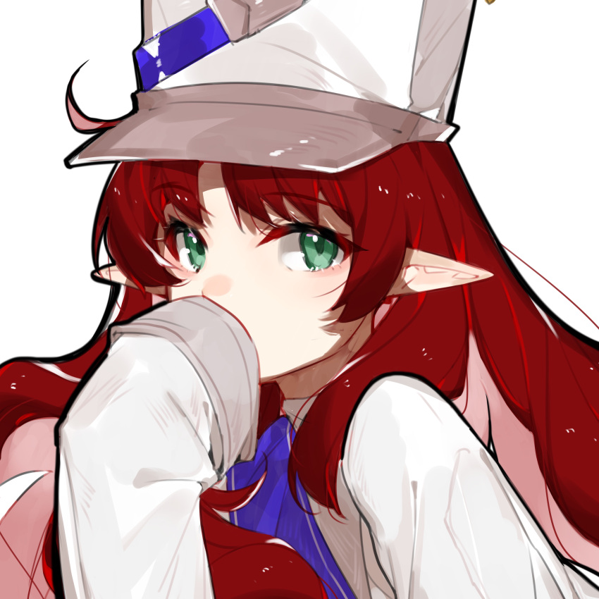 1girl, absurdres, arknights, bangs, blue_neckwear, blush, commentary_request, covering_mouth