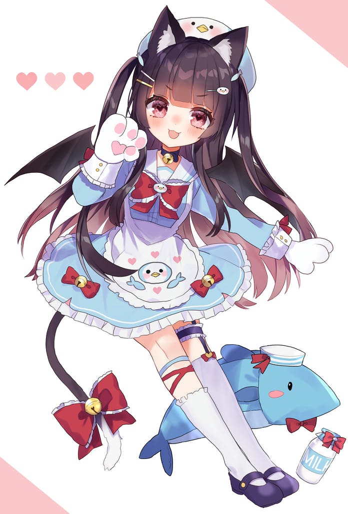 1girl, :3, :d, animal_ears, animal_hands, apron, asymmetrical_legwear, black_hair, blue_dress, blue_footwear, blush, bow, bowtie, cat_ears, commission, copyright_request, dress, frilled_bow, frilled_bowtie, frills, gloves, hair_ornament, hairclip, hand_up, hatsuki_himari, heart, heart-shaped_pupils, indie_virtual_youtuber, leg_garter, long_hair, long_sleeves, looking_at_viewer, noi_mine, open_mouth, paw_gloves, red_bow, red_eyes, shoes, skeb_commission, smile, solo, symbol-shaped_pupils, tail, tail_bow, tail_ornament, thigh_strap, two_side_up, uneven_legwear, white_apron, white_legwear