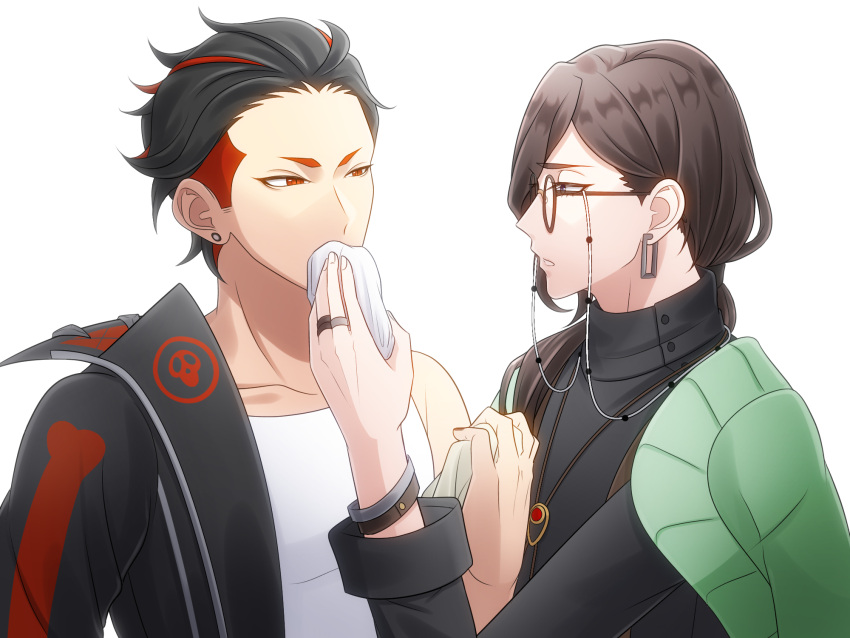 2boys, black_hair, black_jacket, brown_hair, earrings, eye_contact, glasses, hand_up