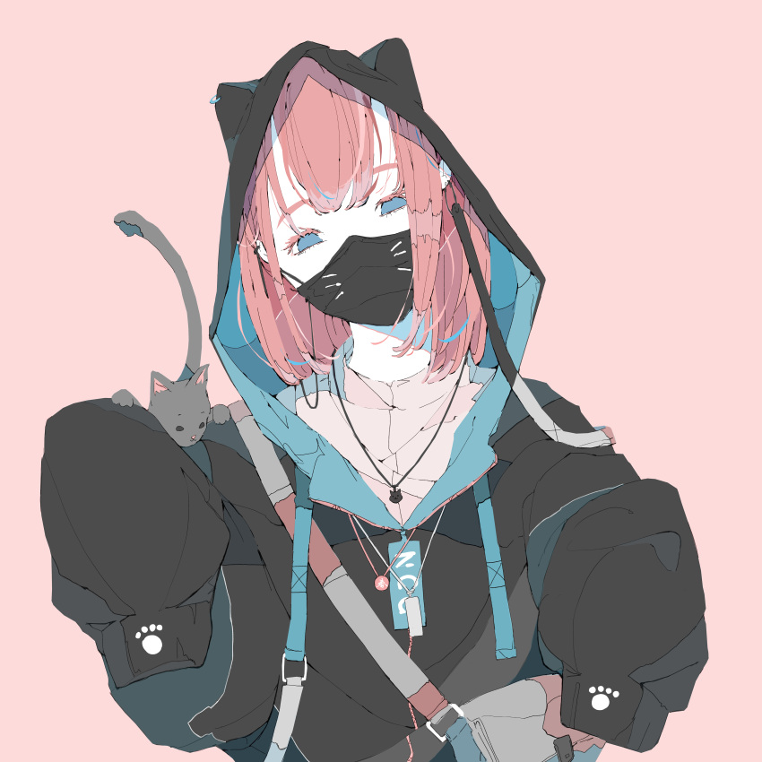 1girl, absurdres, bangs, blue_eyes, cat, highres, hood, hoodie